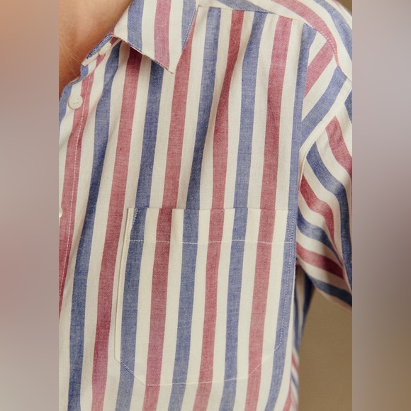 Sézane Max Shirt in Blue Ecru Burgundy Stripes FR 42 / US 10 - Picture 2 of 16